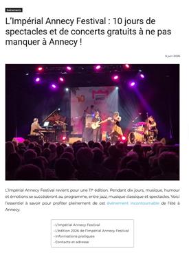 ANNECY VILLE : L’Impérial Annecy Festival : 10 jours de spectacles et de concerts gratuits à ne pas manquer à Annecy !